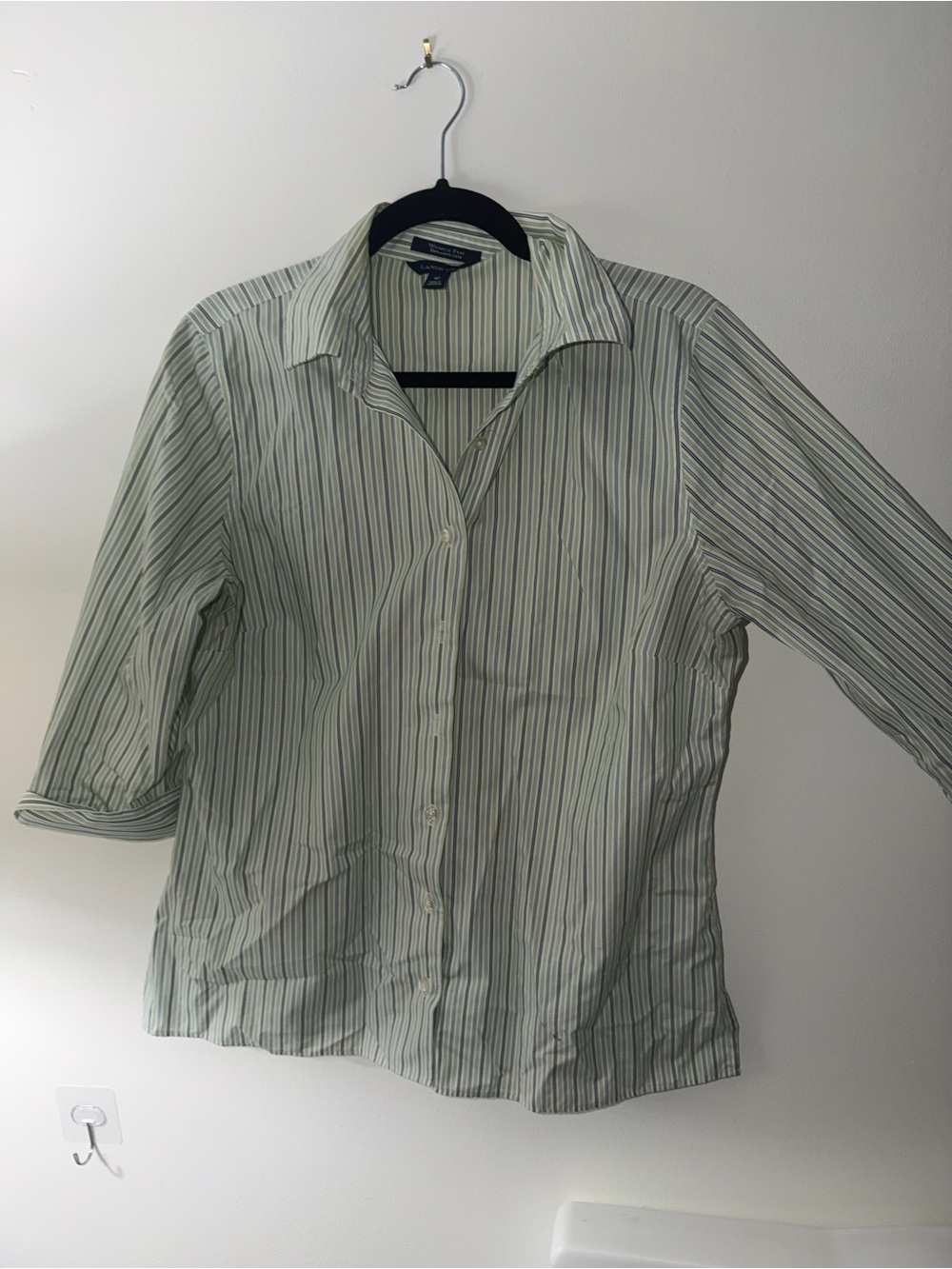 Lands' End Green and White Striped Button-Down Shirt